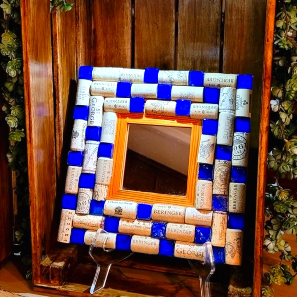Blue Decor Wall Mirror with Cobalt Blue Cabochons and Wine Cork-NWT-Handmade